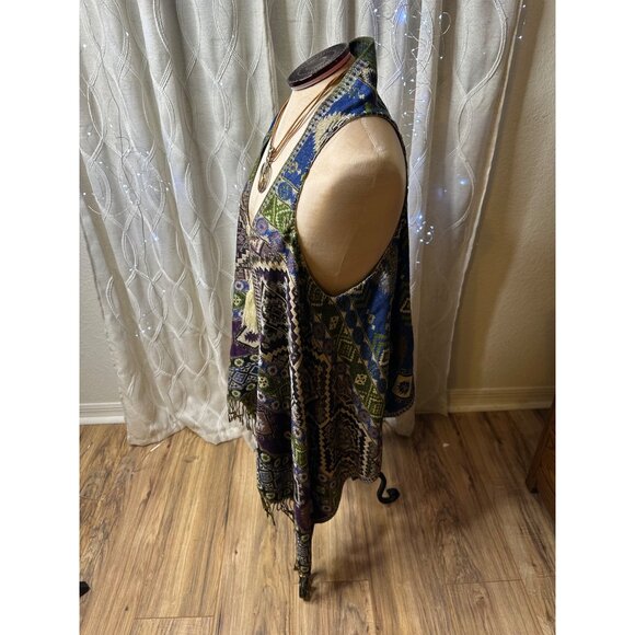 Artsy Aztec Tapestry Long Vest Fringe & Tassels Boho Coastal Cowgirl Hippie  O/S - Picture 10 of 11